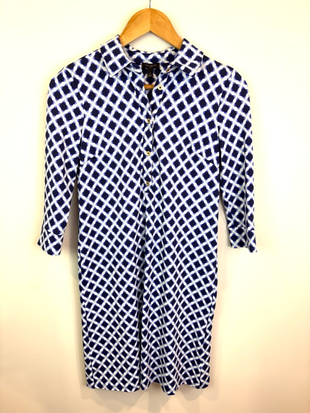 Talbots Navy & White Geometric Button-Front Dress SP